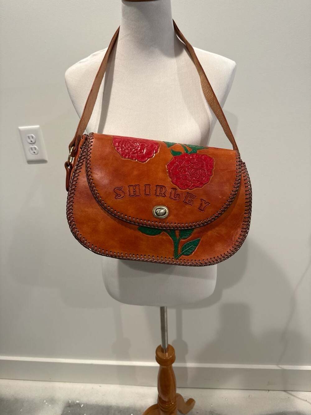Vintage Hand Tooled Leather Floral Saddle Crossbody Bag Rose Design